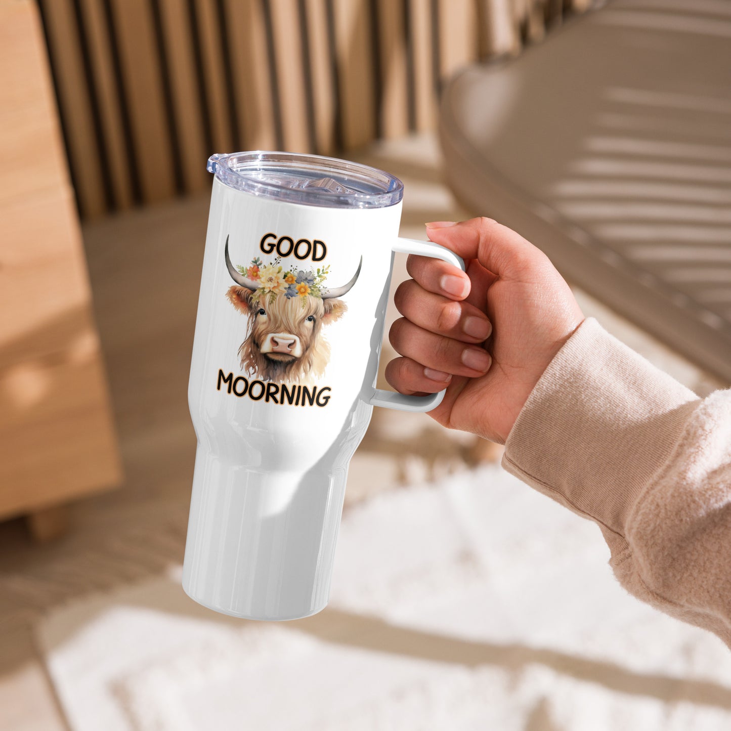 Good Moorning Highland Cow: Travel mug with a handle