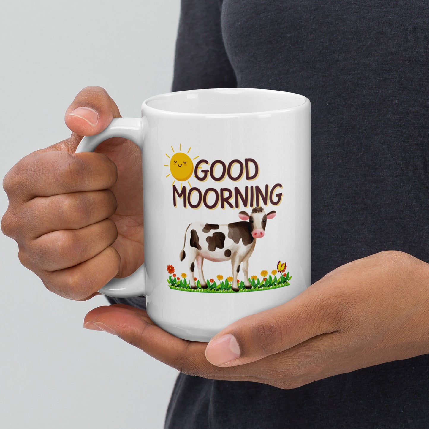 Good Morning Happy Cow: White glossy mug