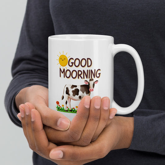 Good Morning Happy Cow: White glossy mug