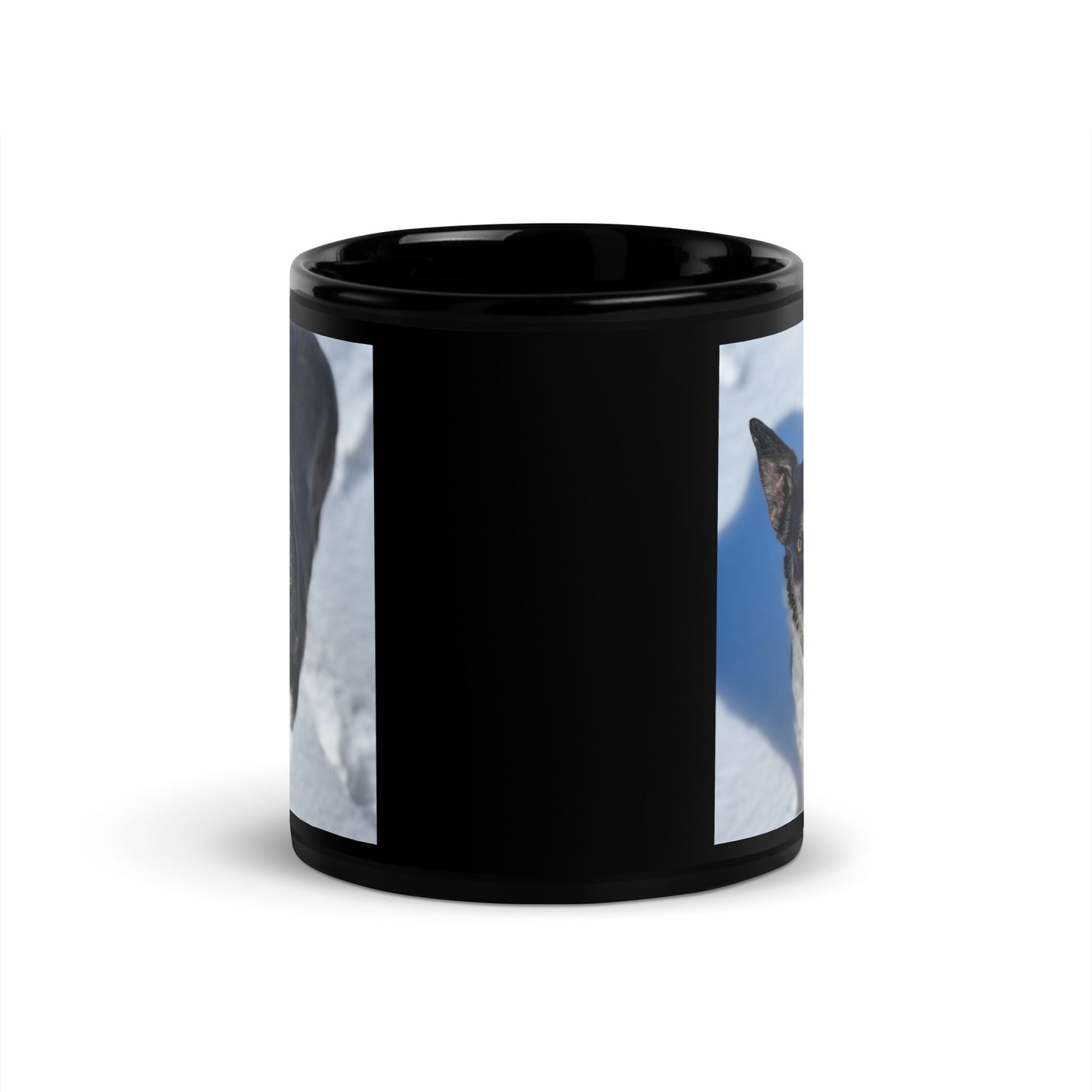 Cue In The Snow: Black Glossy Mug