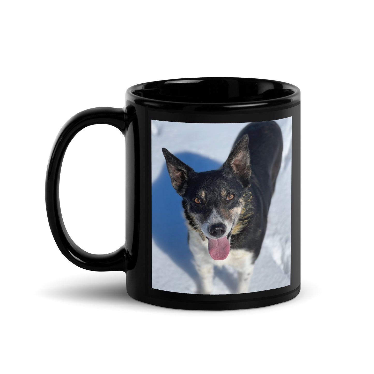 Cue In The Snow: Black Glossy Mug