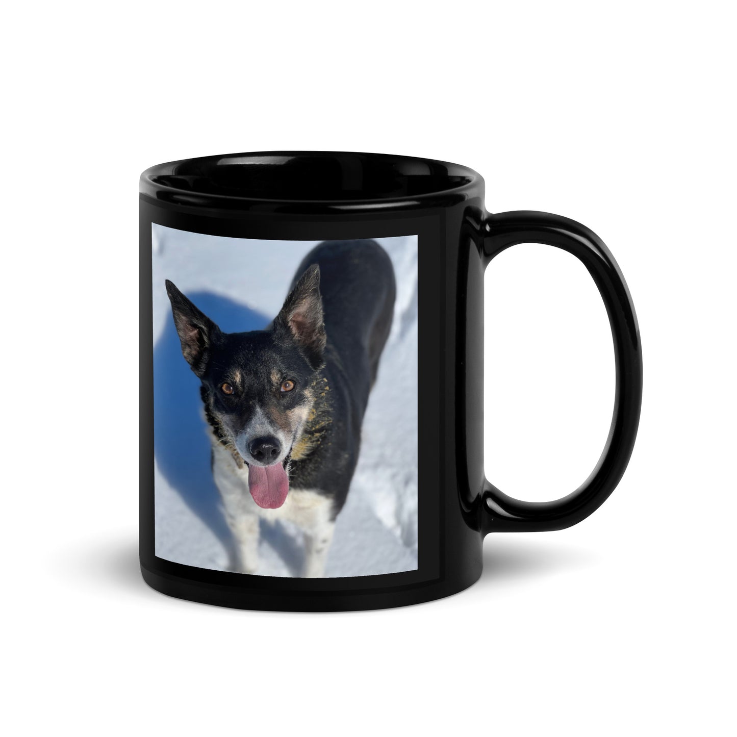 Cue In The Snow: Black Glossy Mug