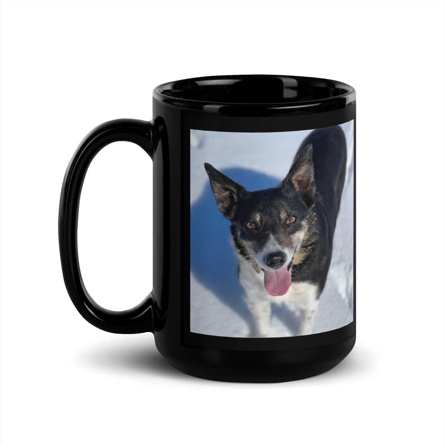 Cue In The Snow: Black Glossy Mug