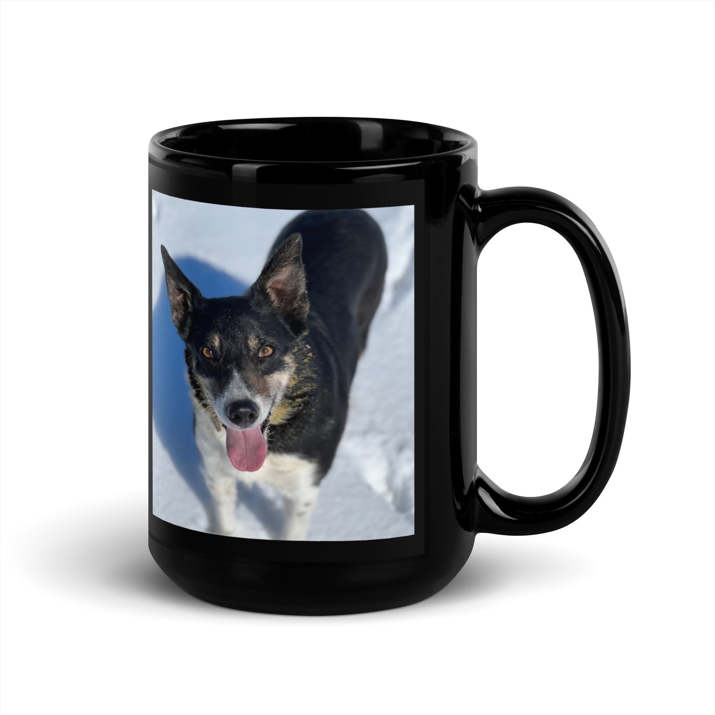 Cue In The Snow: Black Glossy Mug