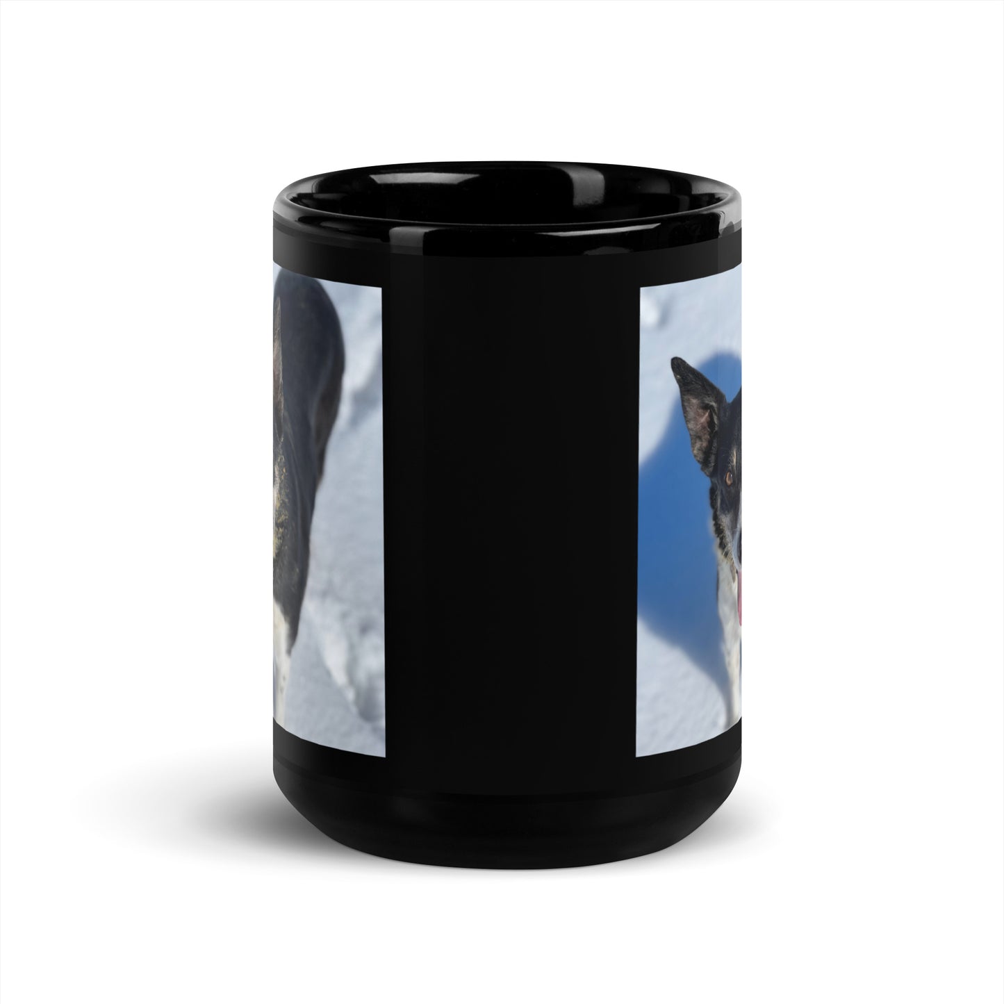 Cue In The Snow: Black Glossy Mug